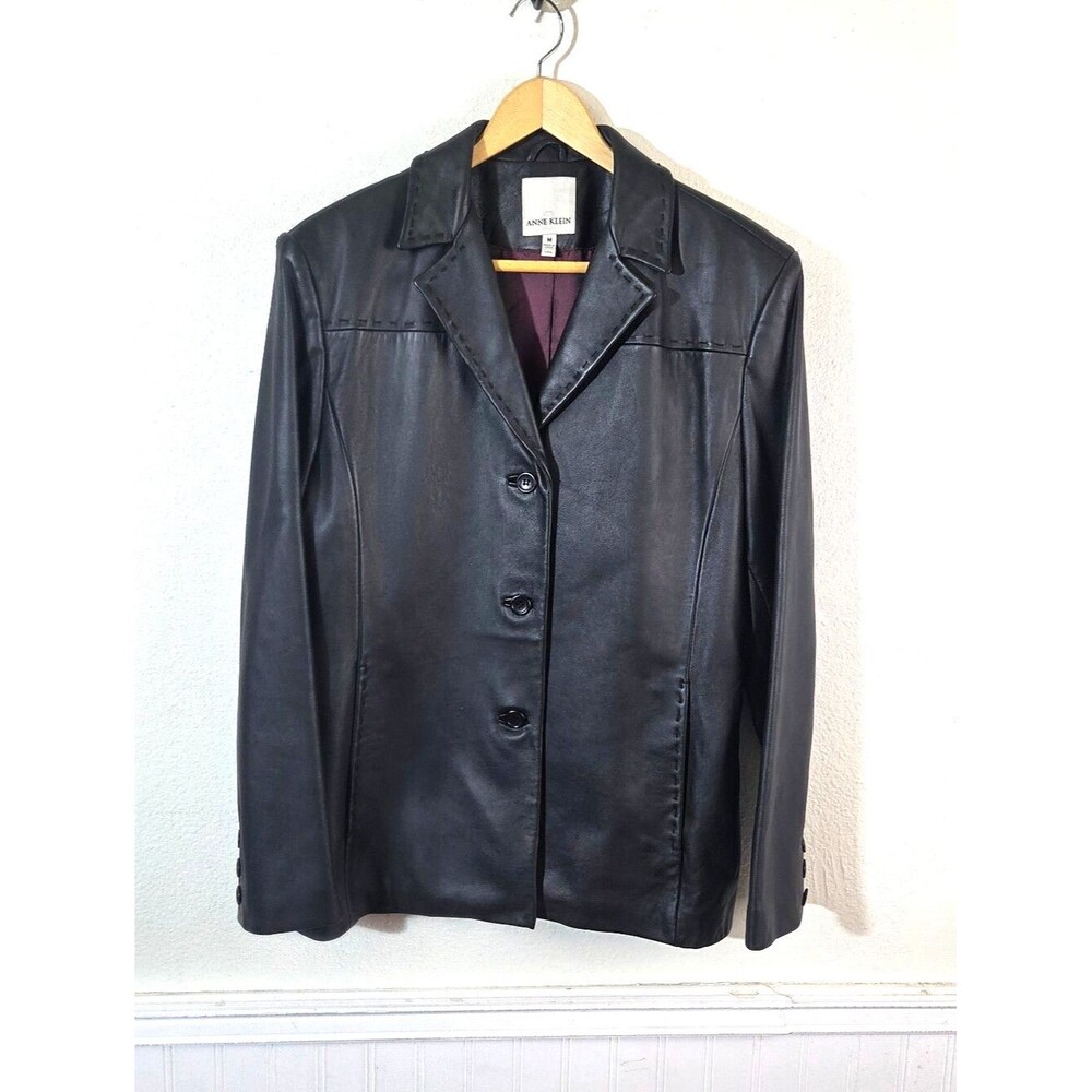 Vintage Anne Klein Lambskin Leather Blazer Jacket Womens M Black Button Front